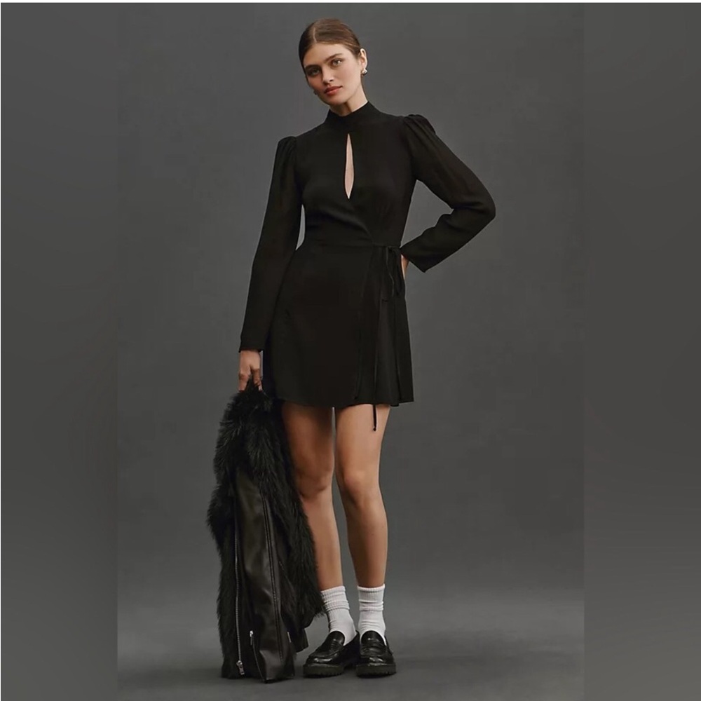 Reformation Black Long Sleeve Mini Dress with Front Keyhole
